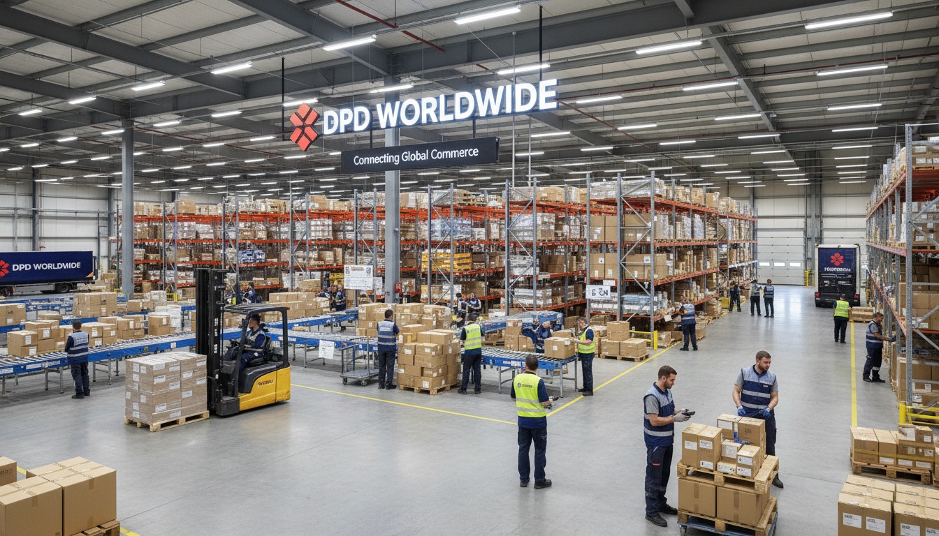 DPD Worldwide warehouse facility with organized inventory and workers